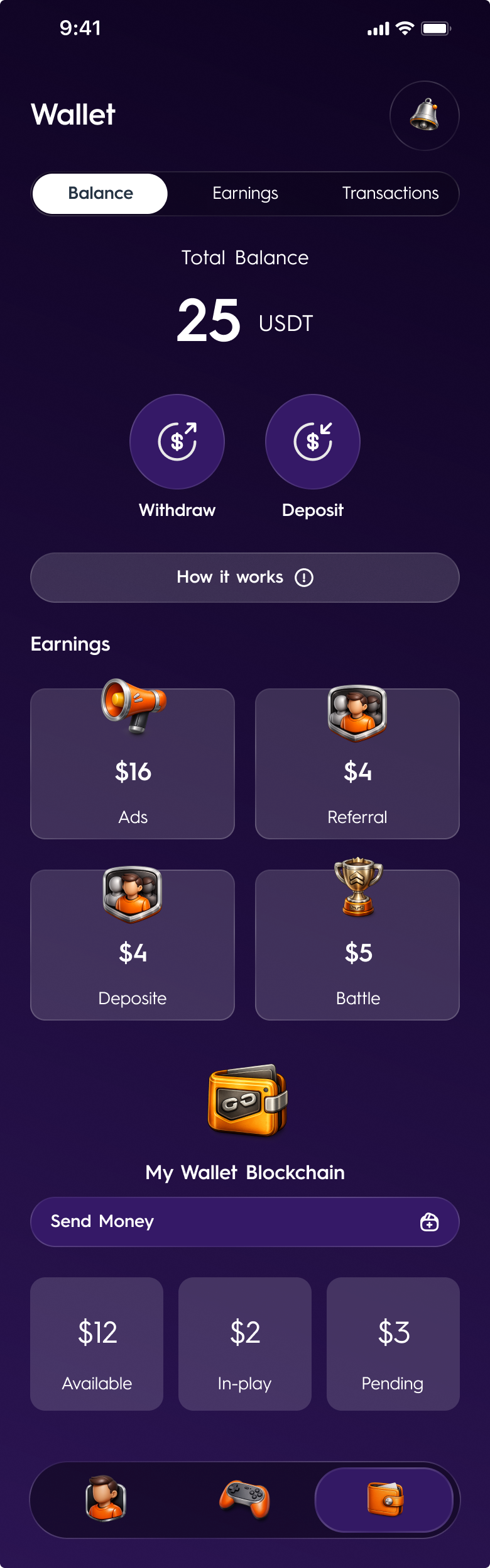 Wallet screen: total balance in USDT, withdraw and deposit, earnings by source, the on-chain wallet, and available, in-play and pending balances