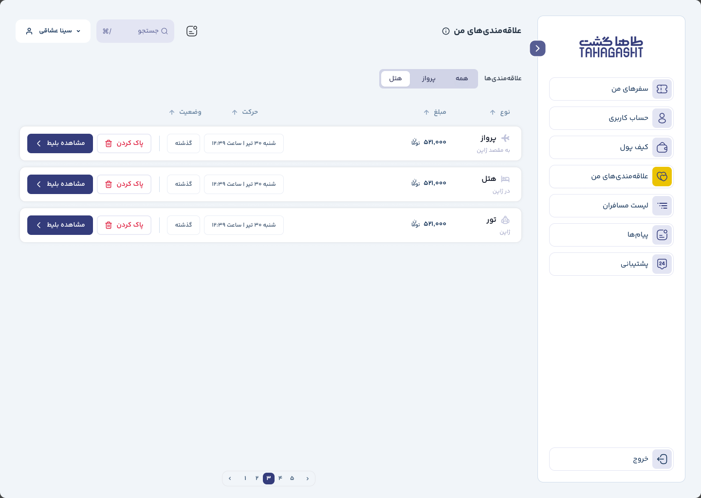 Account, bookmarks — saved flights, hotels and tours, each with remove and view buttons