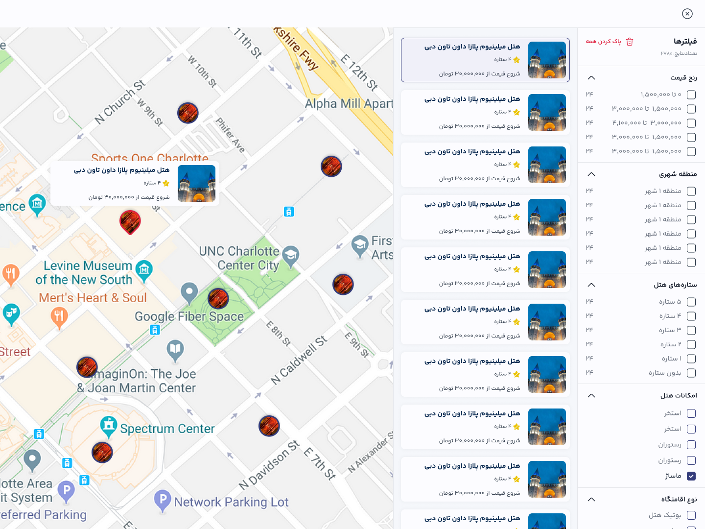 Hotel results on a map — hotel pins with one opened, beside the list and the filters