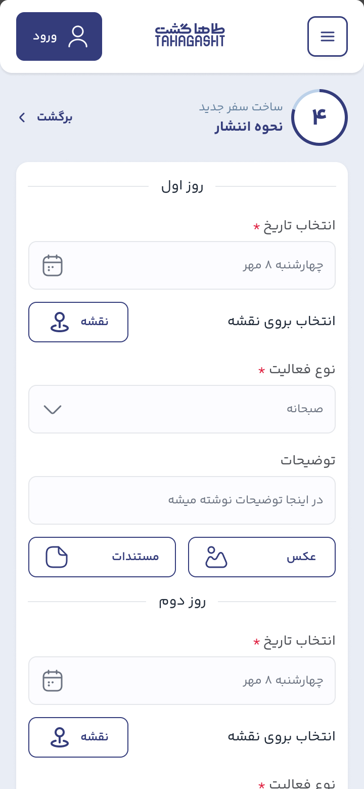 Travel Maker, step 4, headed “how to publish” — the day-by-day plan with a button to add a day, and confirm