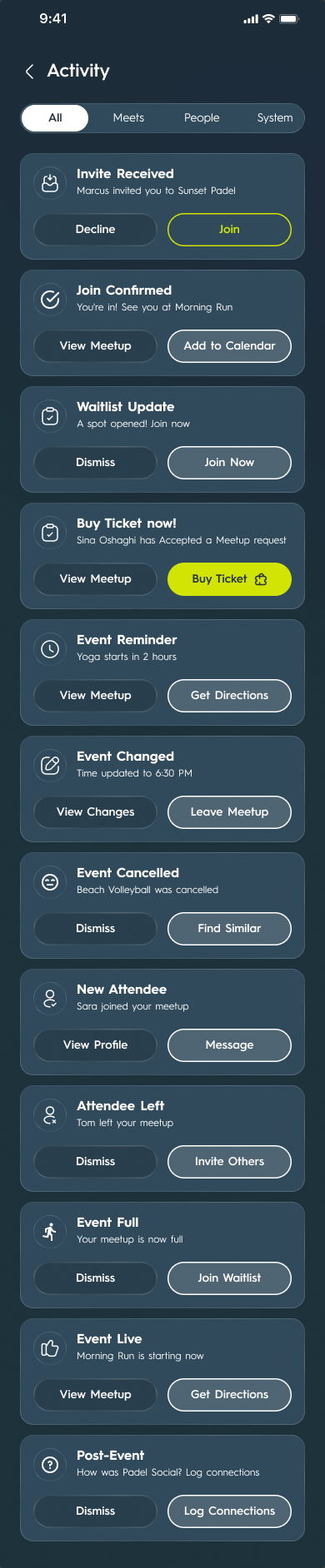 The Activity tab, Meets segment: join requests, host decisions and meetup changes stacked as a reverse-chronological log