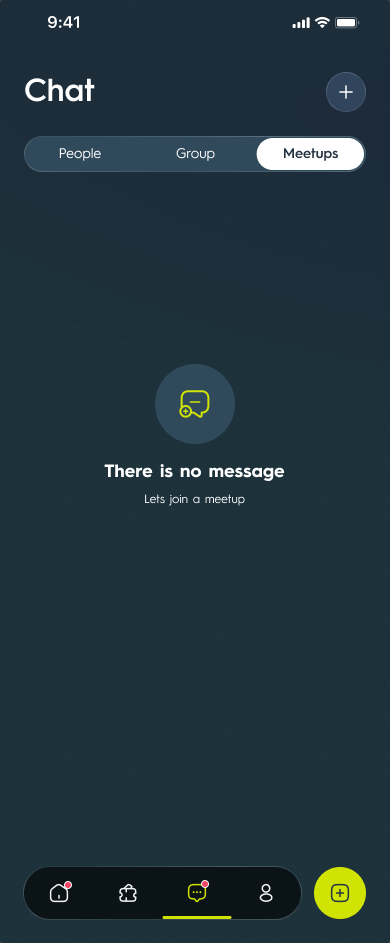 The empty chat state: 'There is no message' under a Meetups segment, with an invitation to join a meetup