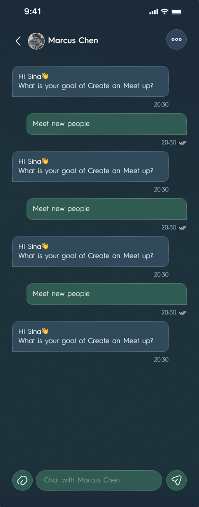 A single chat thread inside VIN — the conversation layer that carries a meetup before and after it happens