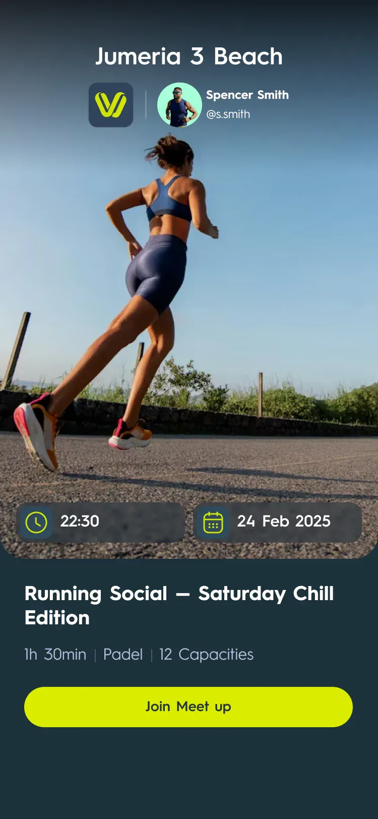 A meetup cover: a runner on the beach under the VIN logo and the host's name, the time and date, “Running Social — Saturday Chill Edition” and a Join Meet up button.