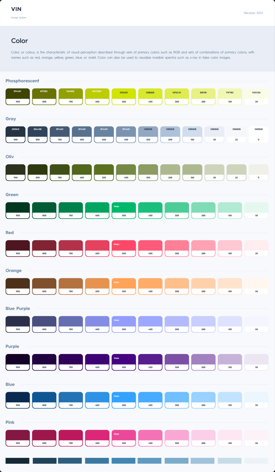 VIN's design-system color page: the phosphorescent accent ramp alongside gray, olive, green, red, orange, blue-purple, purple, blue and pink ramps, each in eleven steps