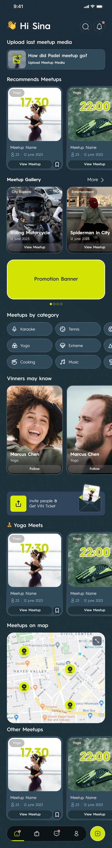 VIN's home feed: a greeting header, recommended meetups as two-up cards with the start time set in large phosphorescent type, category chips, people you may know, and a map section