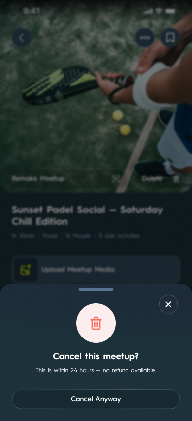 One of four cancellation variants: cancelling a paid meetup inside 24 hours, stated plainly — 'This is within 24 hours — no refund available' — with the destructive action still offered