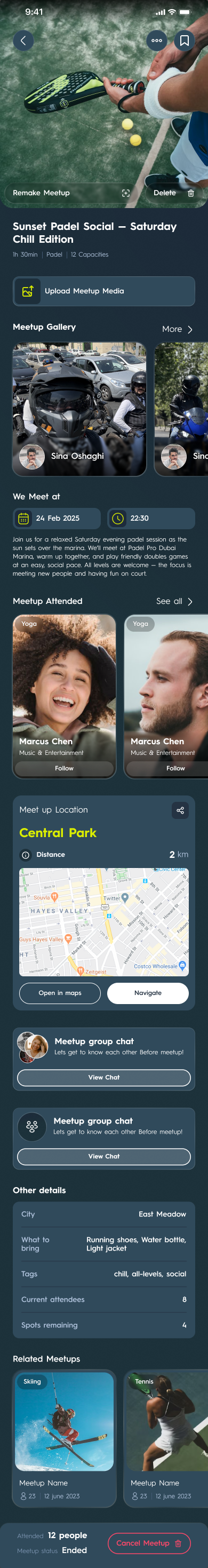 A padel meetup detail screen: gallery, attendee roster, map, group chat and an ended-meetup state with a 12-person attendance count