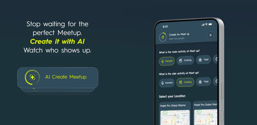 Google Play landscape screenshot: “Stop waiting for the perfect meetup. Create it with AI.” beside the meetup creation flow.