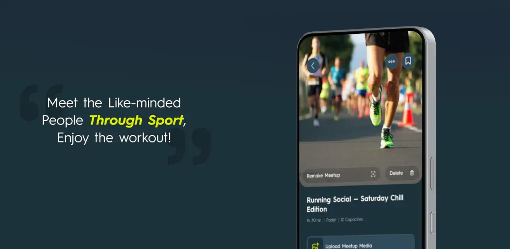 Google Play landscape screenshot: “Meet the like-minded people through sport” beside a phone showing a running meetup's page.