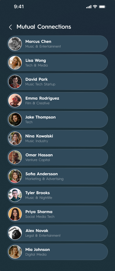 'Mutual Connections' in the Profile section — the same twelve people, in the same order, under a different title