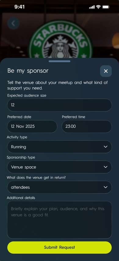 The 'Be my sponsor' request a host sends a venue: expected audience size, preferred date and time, activity type, sponsorship type, what the venue gets in return, and a free-text pitch above a Submit Request button