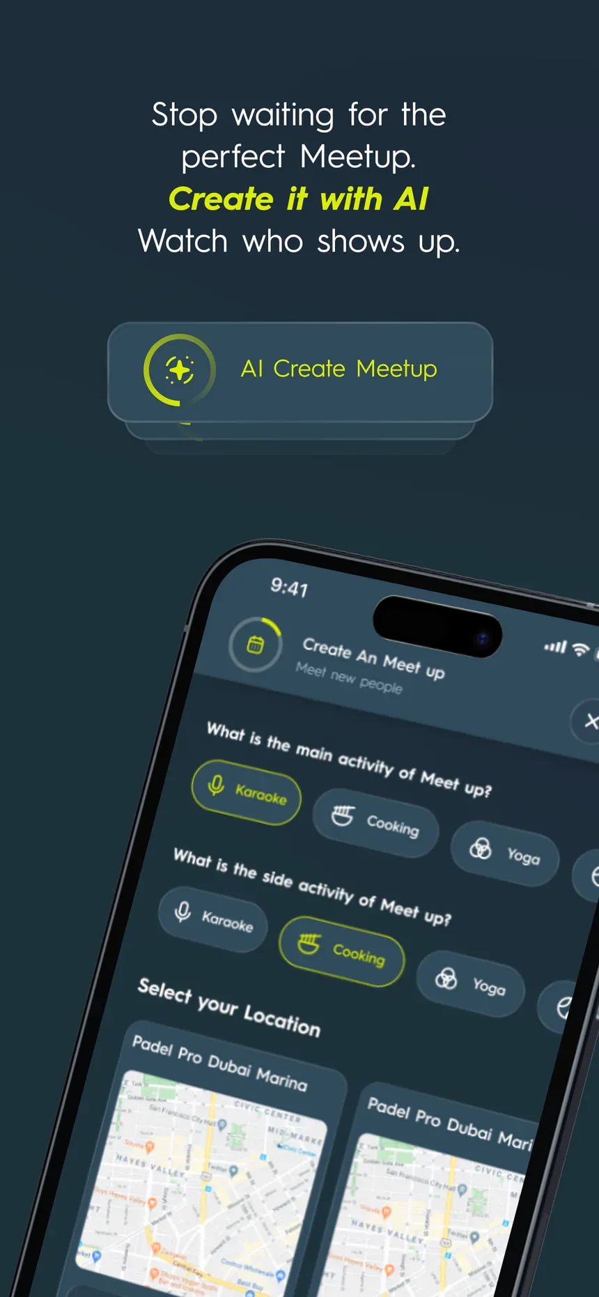 App Store screenshot 4 of 7: “Stop waiting for the perfect meetup. Create it with AI. Watch who shows up.” with an AI Create Meetup button over the creation flow.