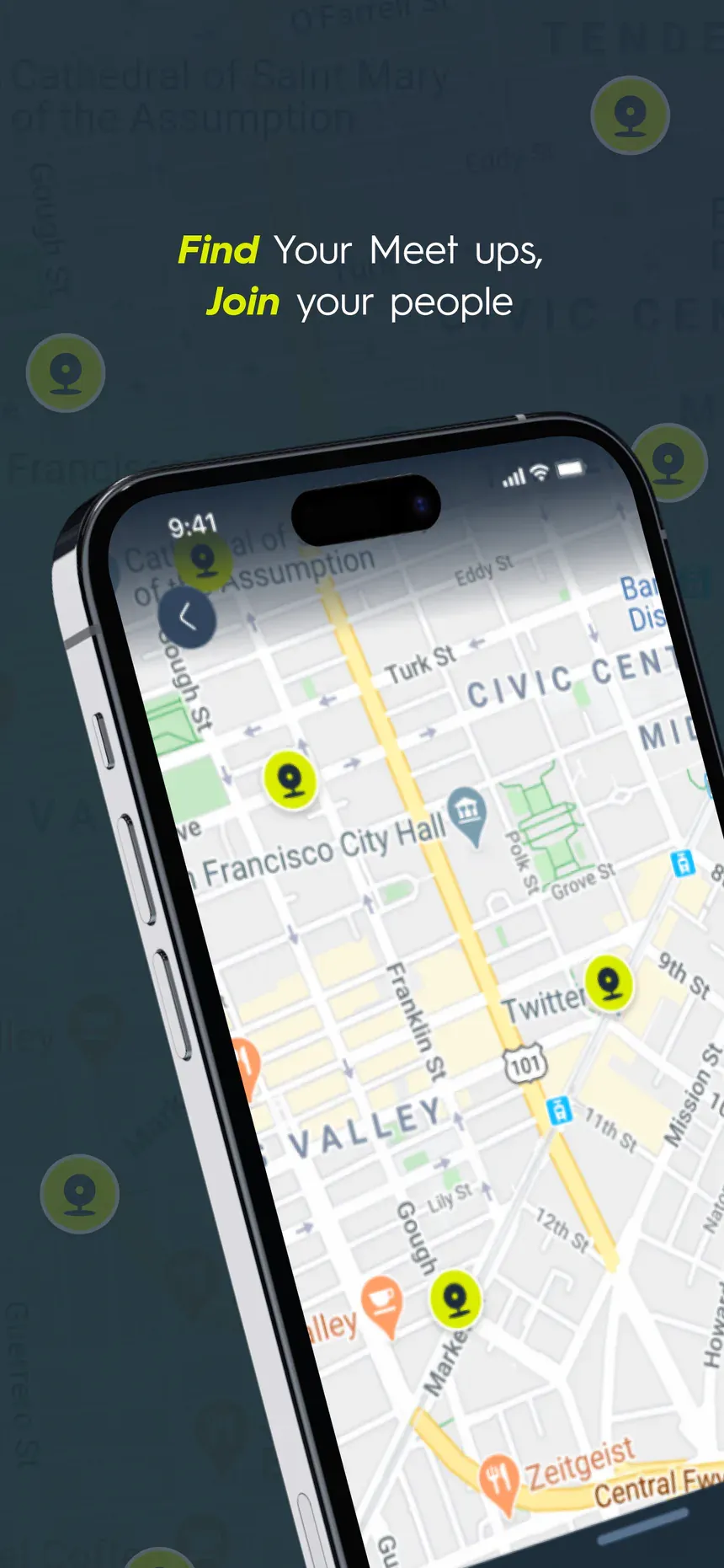 App Store screenshot 7 of 7: “Find your meetups, join your people” beside a phone showing the meetup map.