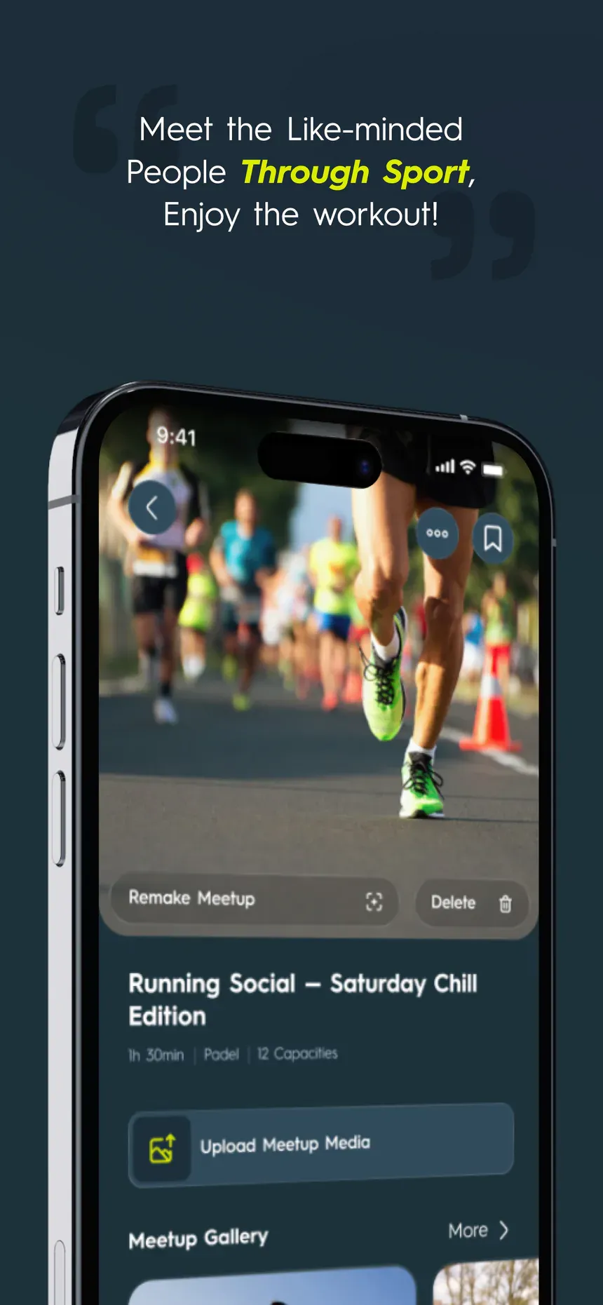 App Store screenshot 1 of 7: “Meet the like-minded people through sport. Enjoy the workout!” over a phone showing a running meetup's page.