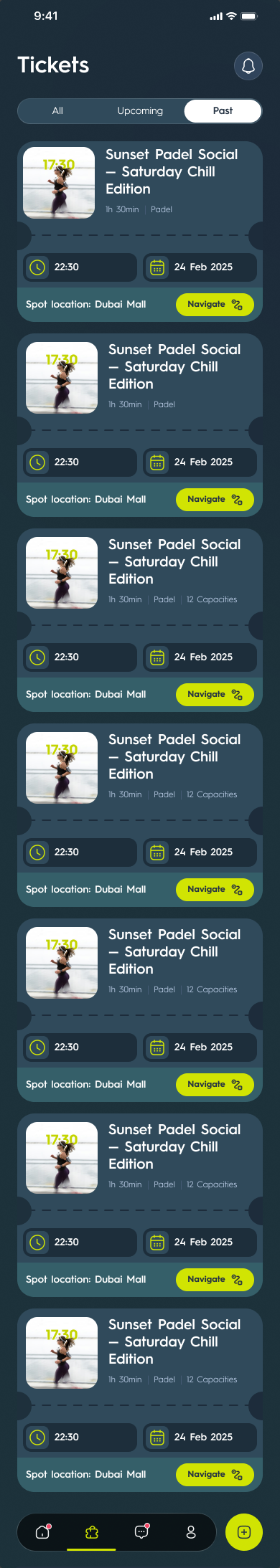 The Tickets tab: the meetups a member has joined, each row carrying the time, the activity and the attendee count