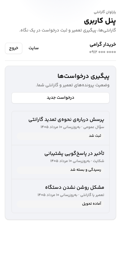 Yaravan — the request list on mobile in Persian: three requests of different types, each with its current status